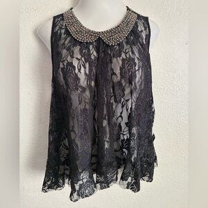 🆕MYFC Elegant Sleeveless Black Lace Beaded Embellishment Collar Top L🆕